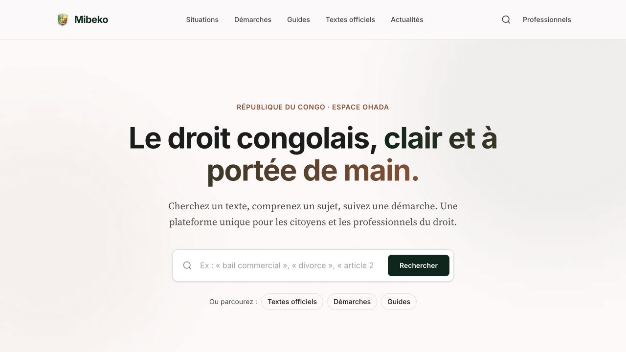 Page d’accueil de Mibeko avec la recherche de textes de droit congolais